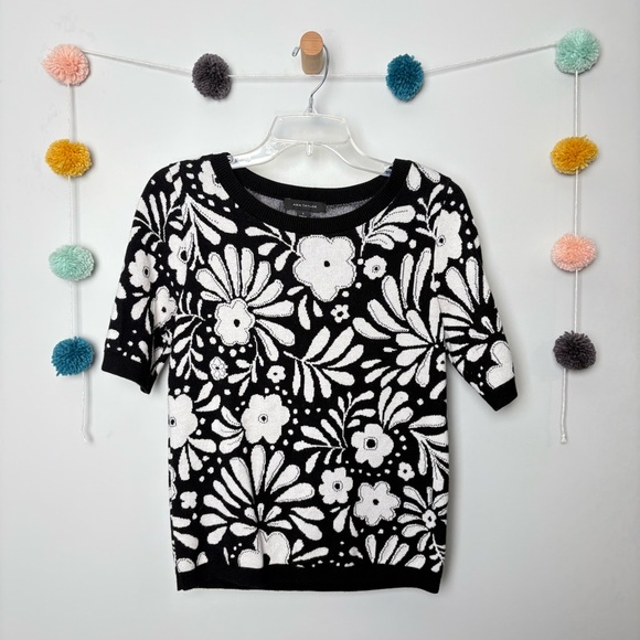 Ann Taylor Tops - Ann Taylor Black and White Floral Mixed Media Short Sleeve Sweater Blouse